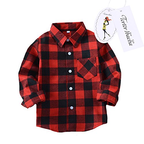 Little Boys' Long Sleeve Button Down Plaid Flannel Shirt Red Black 3Y