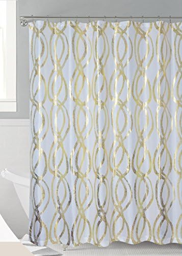 Luxurious Bold Metalic Moroccan Trellis Shower Curtain Set with 12 Hooks 72"x72" (White/Gold)