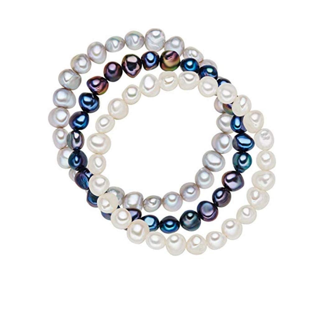Treasure Bay Stunning 8-9mm Baroque Freshwater Pearl Bracelet for Women and Girls (Black-Grey-White)