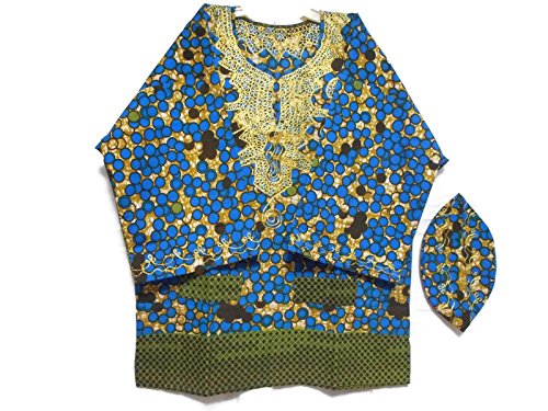 African Shirts Mens Handmade Dashiki Traditional Tribal Blouse with Hat One Size