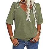 Danedvi Women Fashion V-Neck Half Sleeves Oversized T Shirt Solid Casual Loose Basic Tops