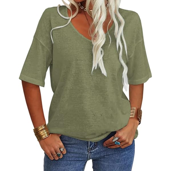 T-shirt, V-hals, relaxed, halve mouwen, mintgroen | Ulla Popken
