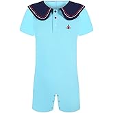 Landofgenie Men’s Cotton Onesie Sailor Collar Bodysuit Short Sleeve Print Romper Pajama - Captain