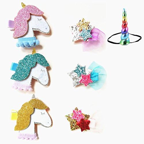 Oexper 6 Pcs Cute Glitter Unicorn Hair Clips Stars Hairpins Cartoon Barrettes Headwear Fashion Gifts for Baby Girls with Free Gift - Shiny Unicorn Horn Glitter Elastic Headband