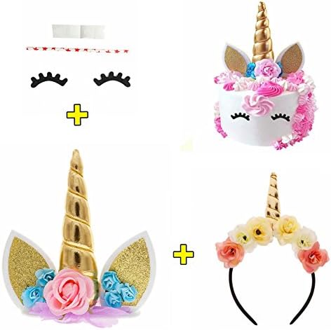 Unicorn Cake Topper, Eyelashes inclueded, Bonus with Unicorn Headband Unicorn Party Supplies(Gold)