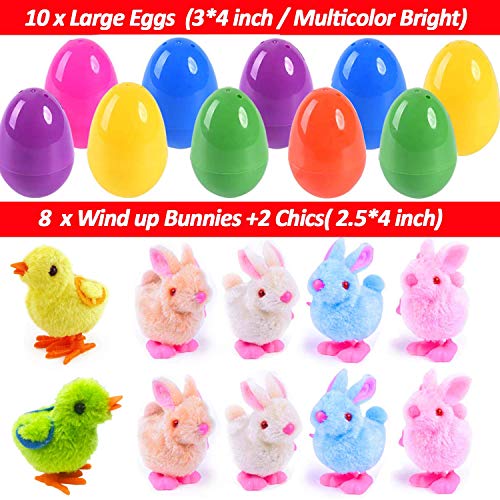 20 Bulk Kids Easter Basket Stuffers,10 Large Surprise Easter Eggs Toy Inside 10 Wind-Up Bunny Chicks Jumbo Prefilled Plastic Easter Eggs Plush Stuffed Animals Toys Toddler Girl Boy Easter Party Favors