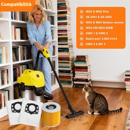 15 Pieces for Kärcher KFI 357 Vacuum Cleaner Bags +2 Filters +2 Filter Brushes Replacement for Kärcher WD2 Plus, WD2, WD3, SE4002, SE4001 KWD1-3 WD3.200, 2.863-314.0