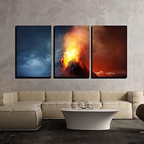 3 Piece Canvas Wall Art - Volcano Eruption. a Large Volcano Erupting Hot Lava and Gases into The Atmosphere - Modern Home Art Stretched and Framed Ready to Hang - 16"x24"x3 Panels