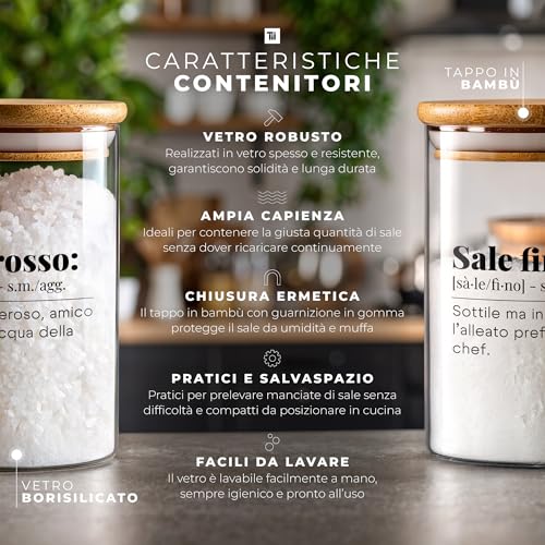 Tundra Set of 2 Fine and Coarse Salt Jars in Borosilicate Glass with Airtight Closure 800 ml – Salt Holder with Bamboo Lid, Glass Kitchen Spice Containers