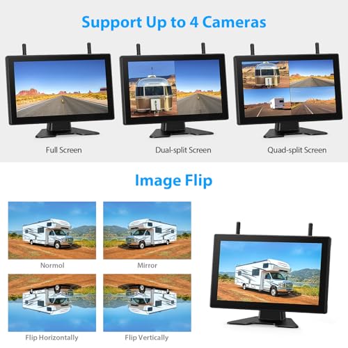 4 Magnetic Solar Wireless Reversing Camera Kit, 10.1" 1080P Touchscreen Monitor, 1 Min Installation, 9600mAh Rechargeable Battery, DVR Recording, IP69K Waterproof Camera for Trailer Van Motorhome