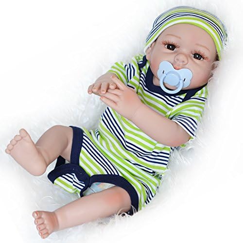 Elatany 20 Inch Silicone Vinyl Handmade Full Body Lifelike Reborn Baby Boy Doll with Blue Green Suit and Brown Eyes