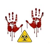 Life Size 9'' Bloody Hand Prints Including 4" Biohazard Decal Walking Zombie Dead Halloween Prop Vinyl Stickers (3 Set)