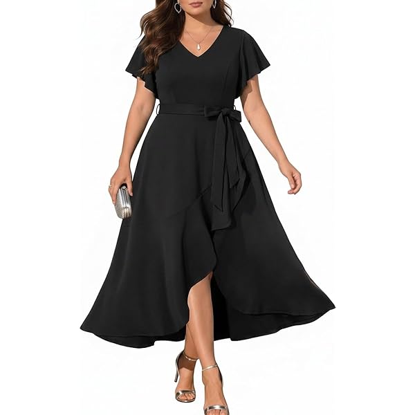 Amazon.com: Women Plus Size Formal Dresses Black Wedding Guest Wrap Elegant  Evening Empire Waist High Low Split Ruffle Long Dress : Clothing, Shoes &  Jewelry