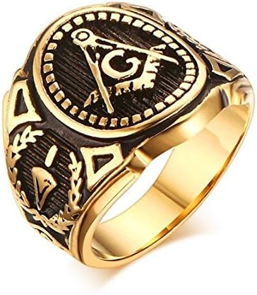 Ahley Stainless Steel Gold Plated Vintage Freemason Symbol Masonic Rings Bands for Men
