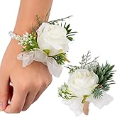 OUKEYI 2PCS Rose Flower Wrist Corsage Boutonniere Set, Handmade Artificial Corsage Set, Bride Hand Flower Wristlet Band Bracelet and Men Boutonniere for Wedding Party Prom Decorations (White)