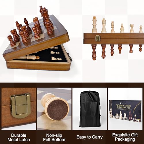 Wooden Chess Board, 2 in 1 Magnetic Chess Board, 39 x 39 cm, Professional Folding Portable Chess Board and Magnetic Checkerboard with Storage Bag, Checkers for Children and Adults Parties