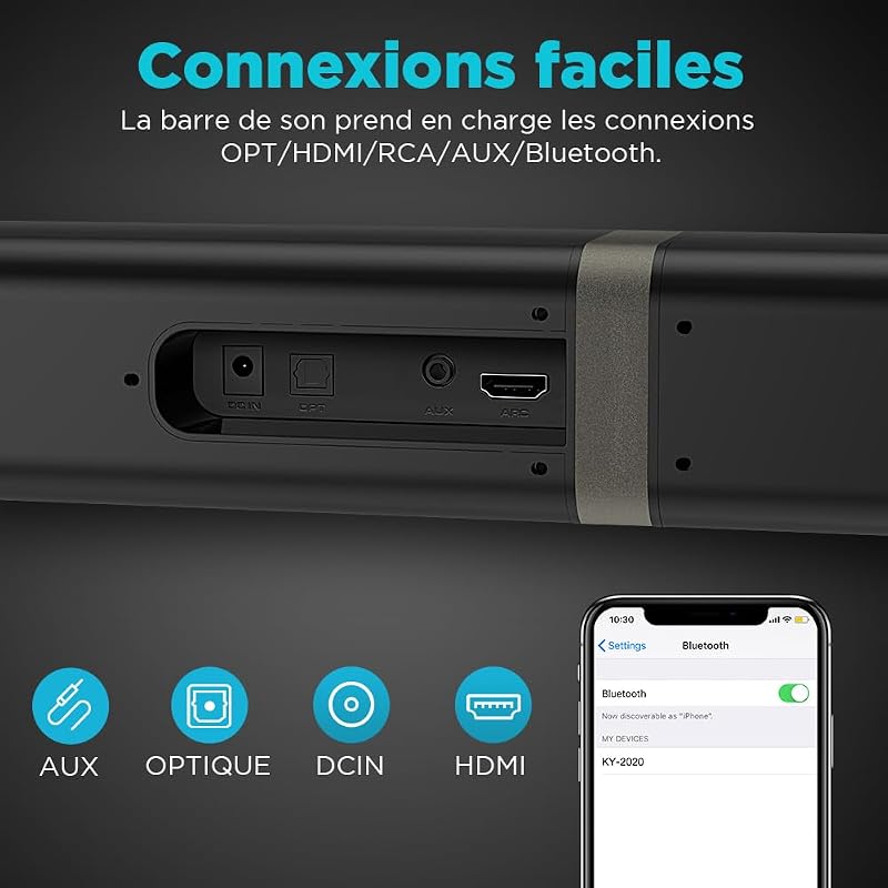 Barre de Son 2.0 canaux pour téléviseurs, Barre de Son 2 en 1 Divisible 32 Pouces pour TV Barre de Son Bluetooth avec 3 Modes EQ et Son Surround 3D, Barres de Son Arc/Optique/AUX, 1pcs — photo 6 sur 8