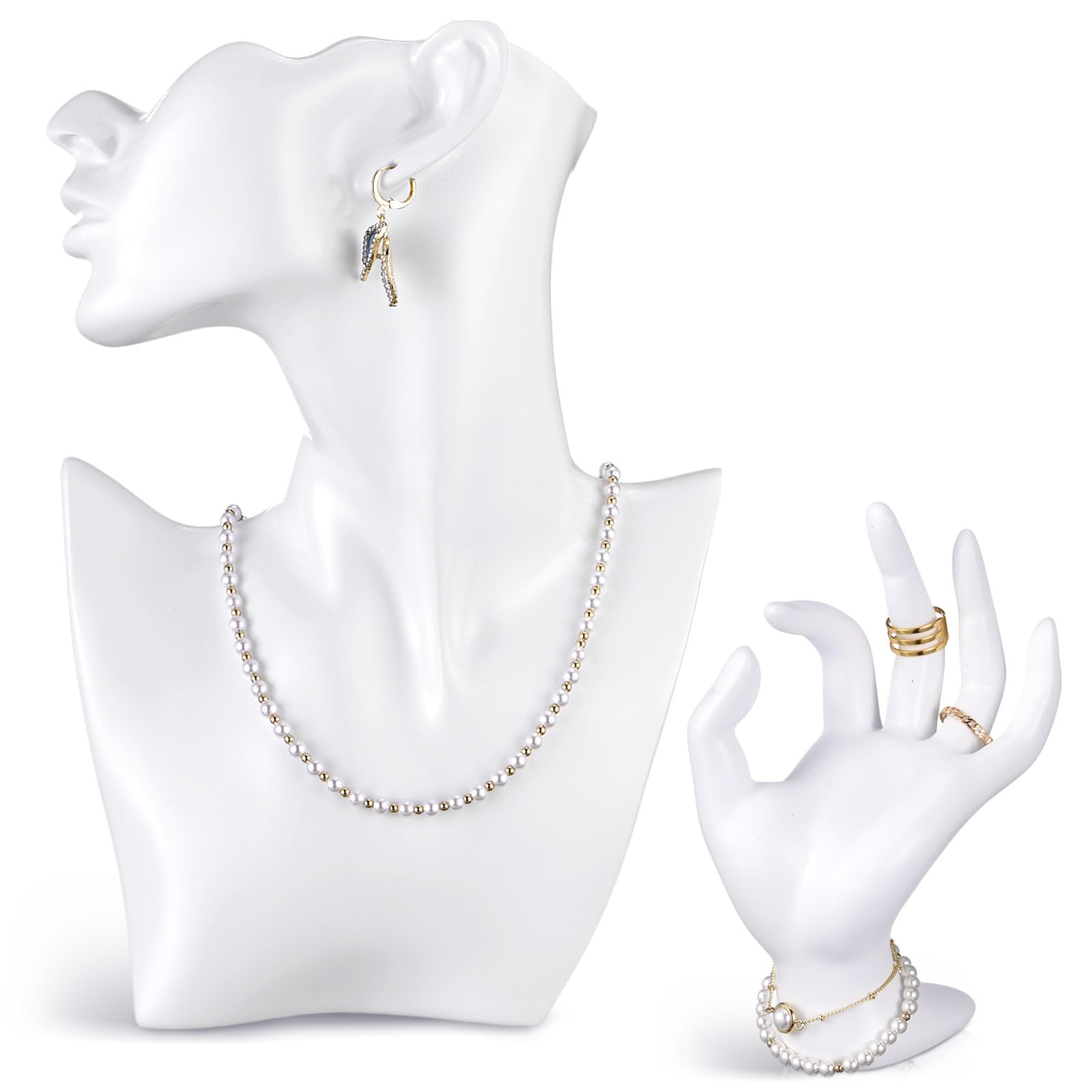 Photo 1 of Yalikop 2 Pcs Resin Jewelry Mannequin Display Set Including Boutique Bust Holder and Hand Ring Holder Necklace Stand Display Earring Holder Organizer for Bracelets Pendant Shows Selling (White)