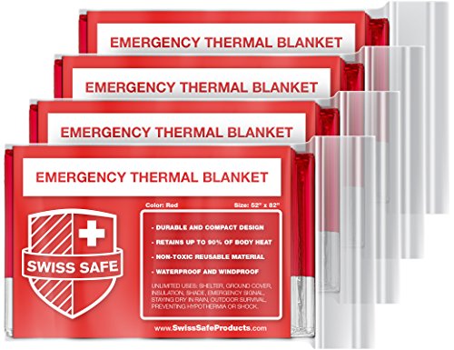 Swiss Safe Emergency Mylar Thermal Blankets (4-Pack) + Bonus Signature Gold Foil Space Blanket: Designed for NASA, Outdoors, Hiking, Survival, Marathons or First Aid