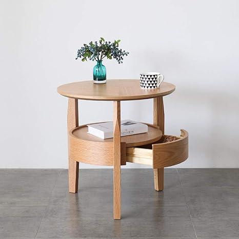Cui Shuang Simple Round Oak Coffee Table With Drawers Living Room