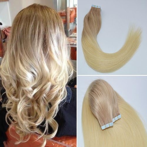 BeautyMiss 22" 40Pcs/100g Human Remy Hair Color #18 Ash Blonde and Color #613 Blonde Balayage Ombre Hair Extensions Tape in Hair Extensions