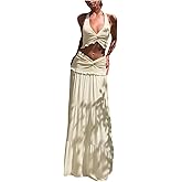SOLY HUX Women's 2 Piece Vacation Outfit Backless Halter Crop Top and Tiered Ruffle Maxi Skirt Set
