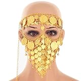 ZYZF Belly Dance Tribal Egyptian Halloween Costume Headwear Coins Face Mask Veil Tribal Bedouin Burka Burqa Metal Head Chain (Gold)