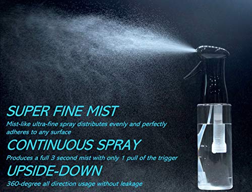 KEEN Continuous Spray Bottle, 12.2 OZ Fine Mist for Indoor/Outdoor Plant Care, Hair Styling, Skin Freshener Air Mist, Refillable Empty Water Bottle Trigger Sprayer Set, Black/Clear