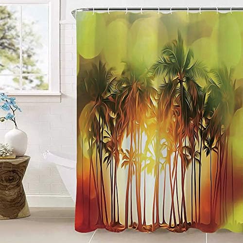 海 アート絵画 シャワー カーテン 180 X ブランド激安セール会場 0cm グラデーションデジタルカラープリントの熱帯のヤシのヤシの木の神秘的なイラスト 防カビ 防水インテリア 目隠し用 お風呂カーテン 浴室 ユニットバス 窓用 グリーンオレンジレッド 間仕切り