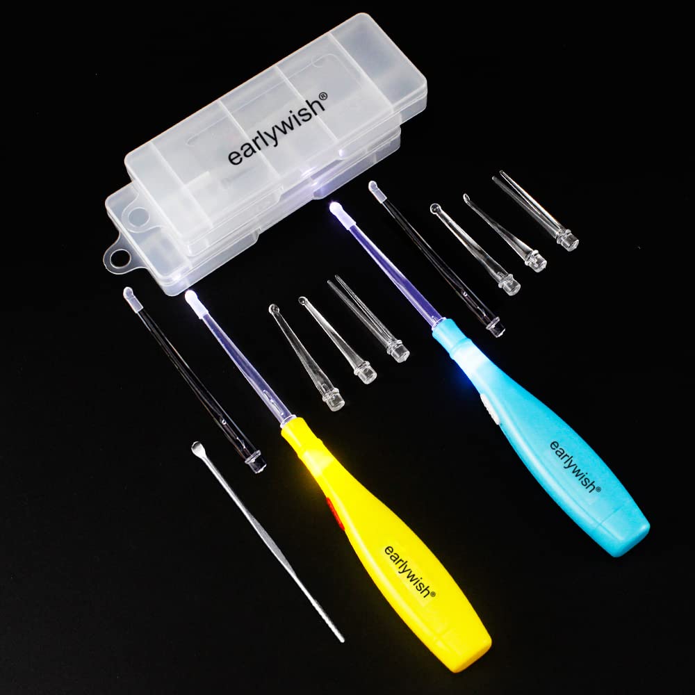 Earlywish Upgraded 6.75" Long Tonsil Stone Remover Tool, 2 Sets for Blue and Yellow, 5 attachments Each Set, Tonsillolith Pick + Box Oral Care