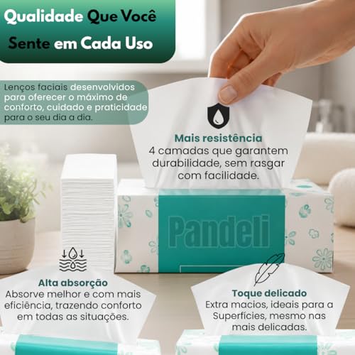 Kit com 5 Caixas de Lenços de Papel Faciais 4 Camadas, 100 Lenços por Caixa, Extra Macios e Resistentes, Alta Absorção, Papel Tissue para Uso Diário, Casa e Escritório
