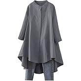 Minibee Women's Cotton Linen Shirt High Low Button Down Embroidered Blouse Long Sleeve Tunic Tops