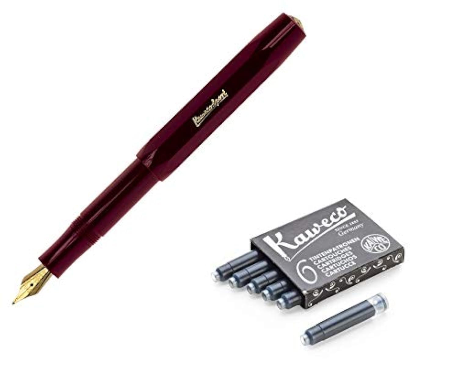 Kaweco Classic Sport Fine Nib Fountain Pen + Pack of 6 Black Ink Cartridges Set (Burgundy)