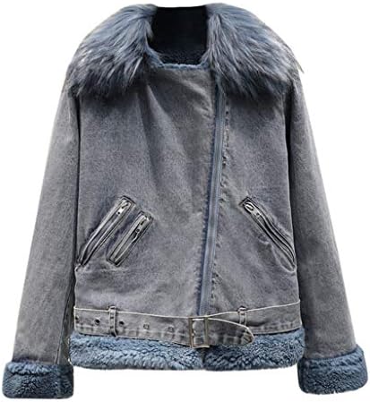 QIQIU Womens Thicken Denim Fleece Punk Warm Long Sleeve Winter Zipper Pocket Outwear Coat Jean Jacket