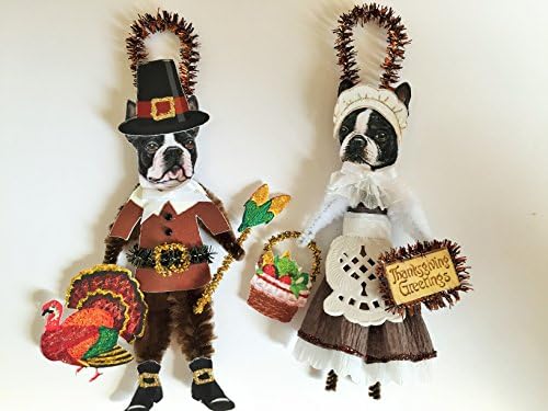 Boston Terrier THANKSGIVING PILGRIM ORNAMENTS Vintage Style Chenille Ornaments Set of 2