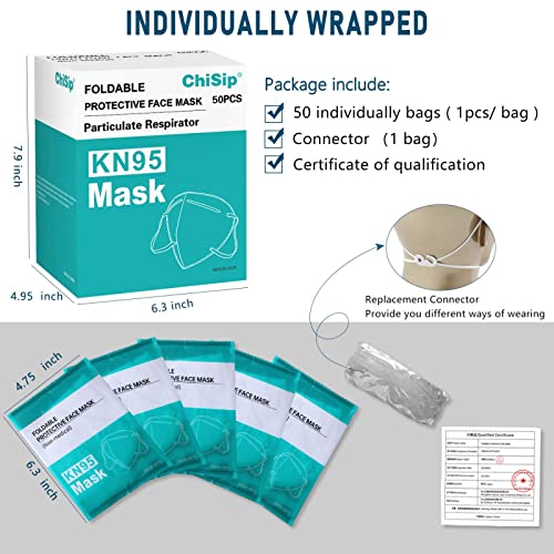 ChiSip KN95 Face Mask 50 Pcs, Individually Wrapped Lightweight