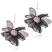 GUYUEXING Lotus Flower Earrings, Large Fabric Petals Flower Dangle Drop Earrings for Women Girls (Black)