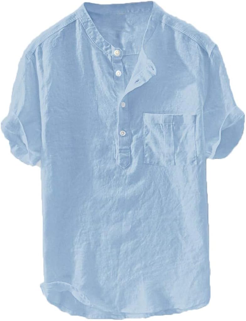LEKODE Mens Linen Tee Henley Blouse Solid Fashion Tops