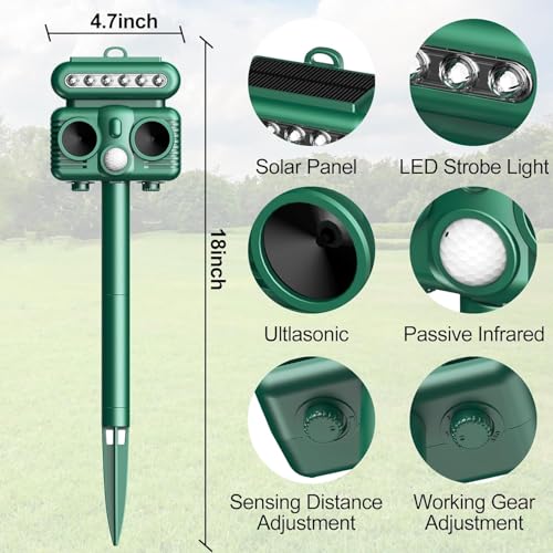 OBEST Solar Powered Animal Deterent, Ultrasonic with Light for Home Yard, Waterproof Animal Chase Device for Cat Raccoon, Sound Frequency 8kHZ