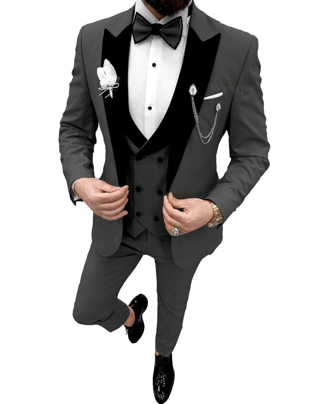 Wangyue 3 Piece Suit for Men Dark Grey Men Tuxedo