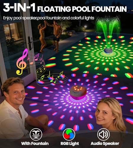 Luxfero 3 en 1 Enceinte Picsine avec Fontaine & Lumière,Enceinte Bluetooth Piscine Étanche IP68,Enceinte Flottante, Haut Parleur Bluetooth Puissant,Stéréo HD,BT5.4,24H Fontaine Piscine Rechargeable