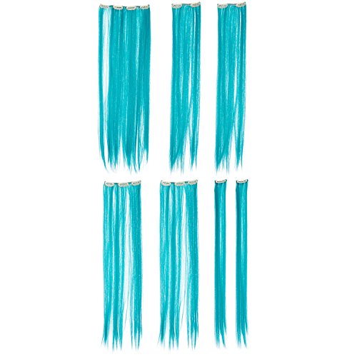 SWACC 7 Pcs Full Head Party Highlights Clip on in Hair Extensions Colored Hair Streak Synthetic Hairpieces (22-Inch Straight, Teal Blue)
