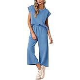AGSEEM Two Piece Sets for Women Summer Short Sleeve Lounge Sets Cropped Wide Pants Outfits Loungewear Beach Vacation Clothes