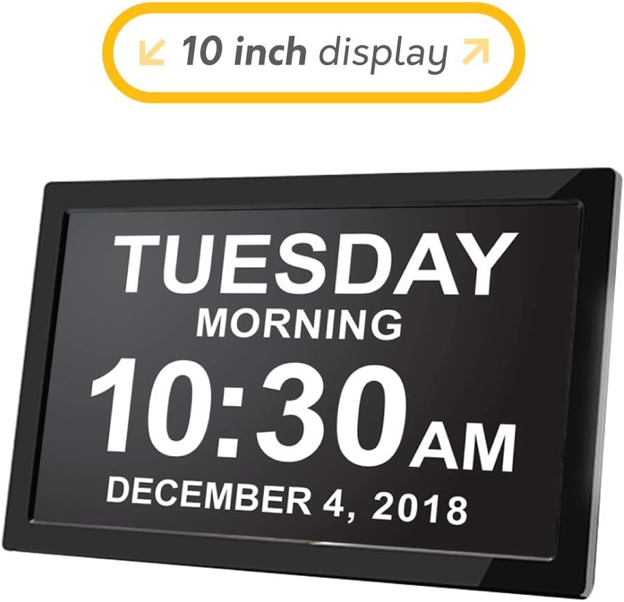 American Lifetime, Newest Version, 10 Inch Day Clock Extra Large Impaired Vision Digital Clock with Battery Backup and 5 Alarm Options, Black