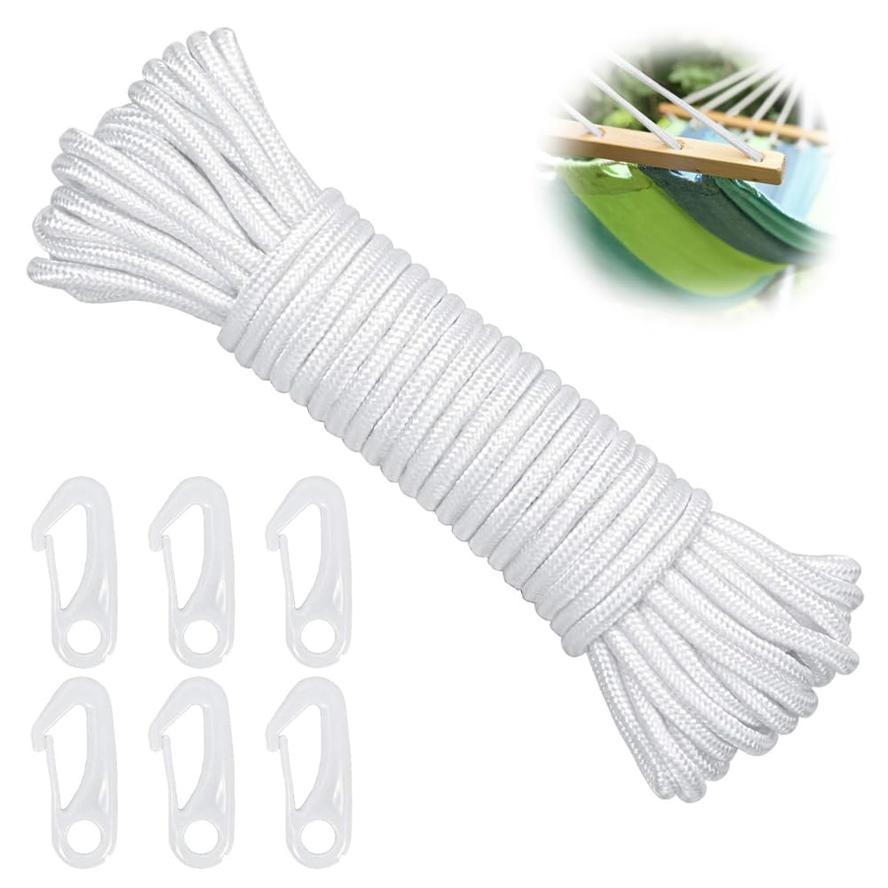 Nylon Flag Rope, 15M 6mm Double Braided Nylon Flagpole Line Rope, Flag Pole with 6 Hook Clips for Outdoor Hanging Clothes Bundled Sailing Rigging Garden Camping