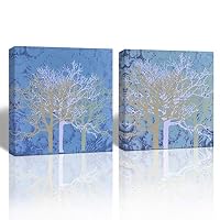 Mon Art-Abstract Picture Tree Branch Canvas Print Forest Wall Art Modern Contemporary Decoration for Office Bedroom Living Room Bathroom Retro Vintage Home Decor 12x12 inch 2 Panel,Framed,Blue