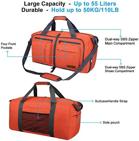 Travel Duffel Bag, 55L Foldable Duffle Bag with Shoes Compartment Packable Weekender Bag for Men Women Water-proof & Tear Resistant HIKISS-Orange 3 Travel Duffel Bag, 55L Foldable Duffle Bag with Shoes Compartment Packable Weekender Bag for Men Women Water-proof & Tear Resistant HIKISS-Orange