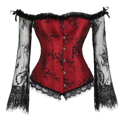 SZIVYSHI Corset Tops for Women with Sleeves, Bustier Overbust Lace Up Bodice Lingerie, Vintage Steampunk Strapless Shirt
