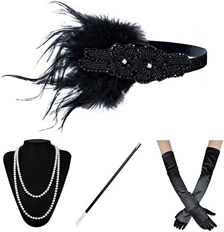Xuhan 1920s Flapper Costume Accessories Set for Women Headband Necklace Gloves Cigarette Holder