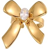 Gold Plated Ribbon Bow Statement Ring for Women - Stainless Steel Crystal Cubic Zirconia Bow Knot Adjustable Open Rings Wedding Engagement Promise Finger Bands Delicate Birthday Christmas Jewelry